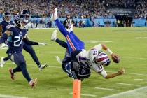 Buffalo Bills quarterback Josh Allen (17) is stopped short of the goal line by Tennessee Titans ...