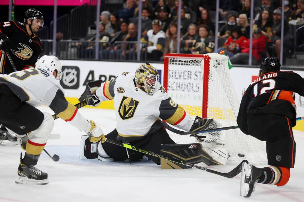 Vegas Golden Knights goaltender Robin Lehner (90) defends a shot from Anaheim Ducks left wing S ...