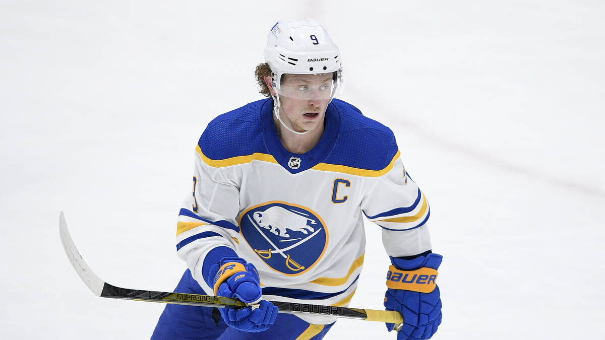 Buffalo Sabres center Jack Eichel (9) skates during the third period of an NHL hockey game agai ...