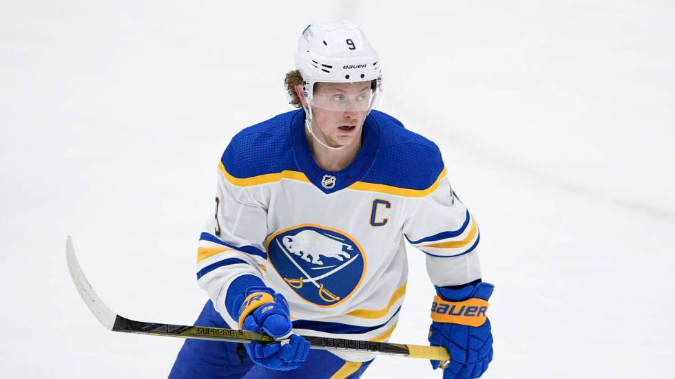 Buffalo Sabres center Jack Eichel (9) skates during the third period of an NHL hockey game agai ...