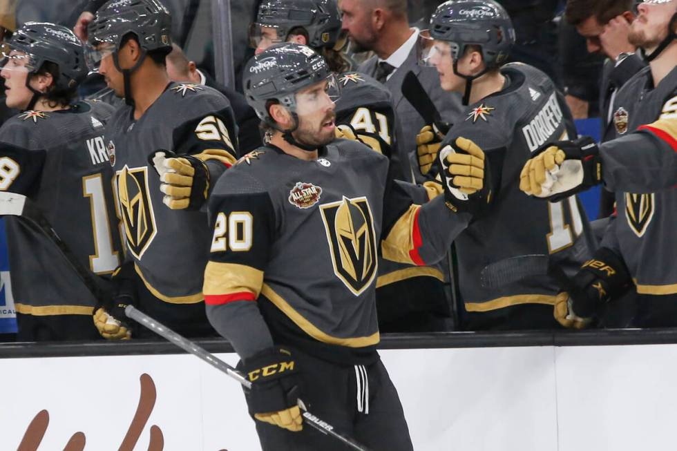 Vegas Golden Knights center Chandler Stephenson (20) celebrates after a goal against the Seattl ...