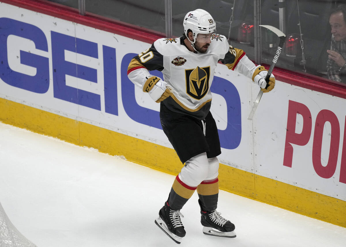 Vegas Golden Knights center Chandler Stephenson celebrates after scoring a goal against the Col ...