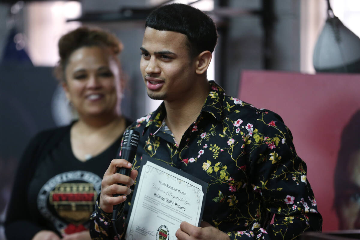 Rolando Romero speaks after getting recognized during the Nevada Boxing Hall of Fame induction ...