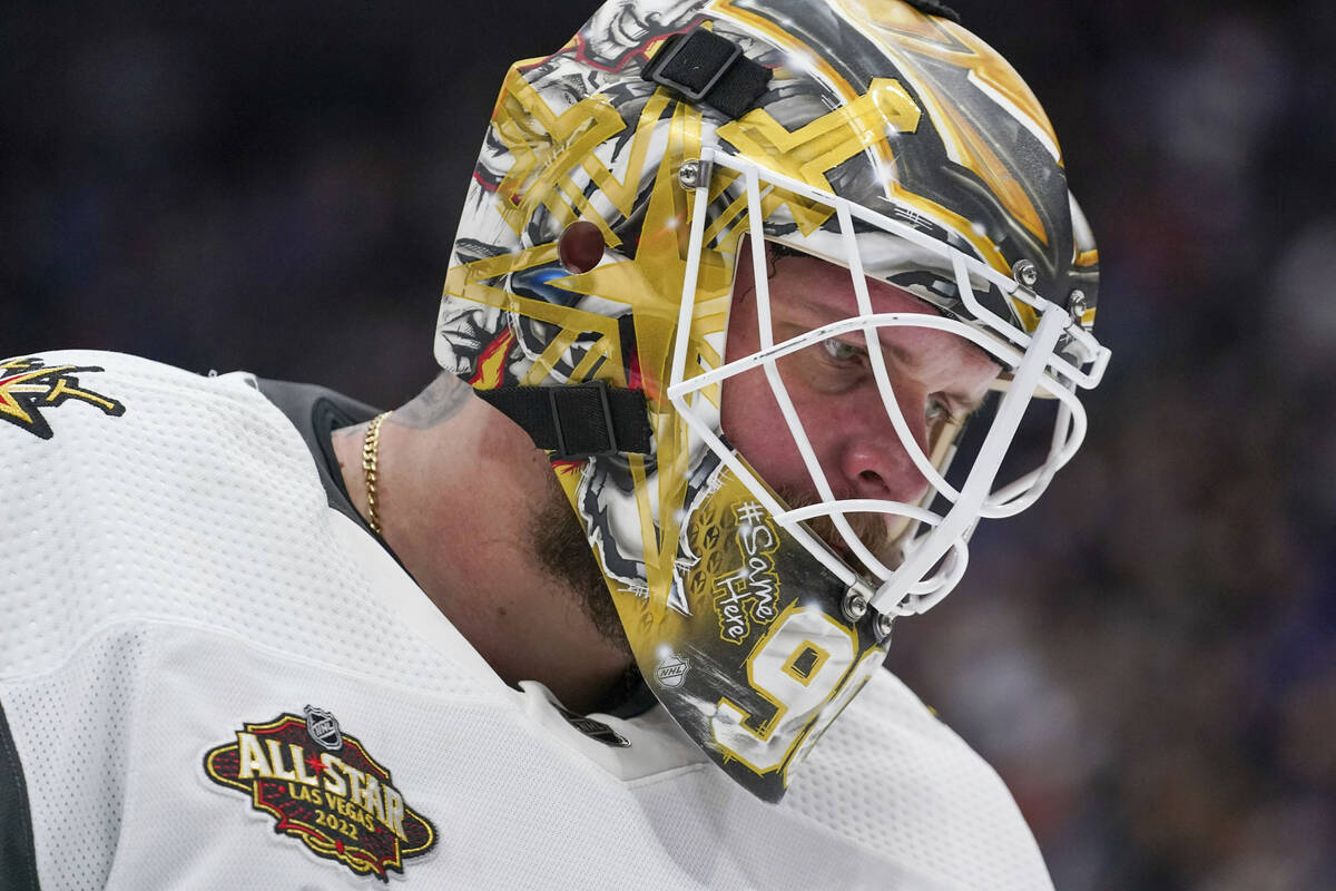 Vegas Golden Knights goaltender Robin Lehner takes a breather during the second period of an NH ...