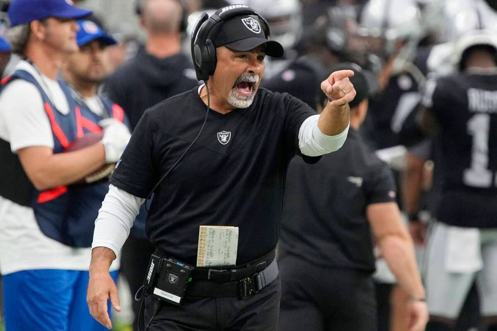 Las Vegas Raiders interim head coach Rich Bisaccia yells from the sideline during the second ha ...