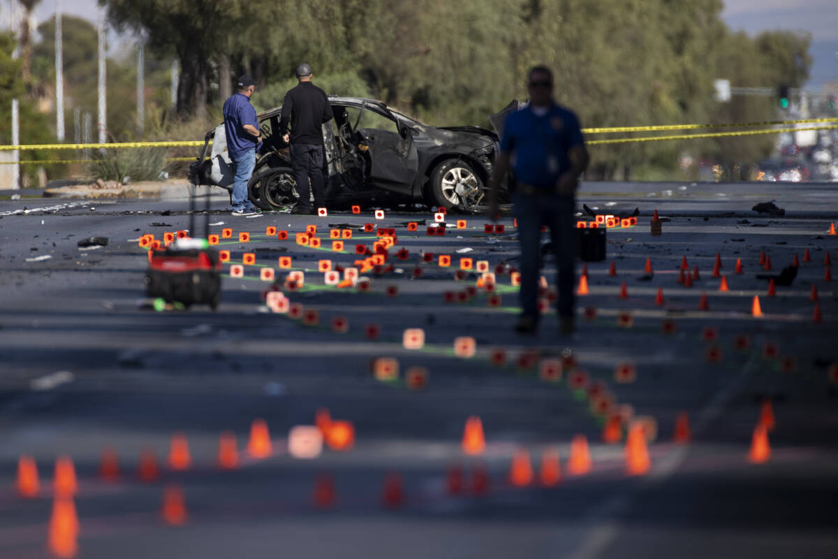 The Las Vegas Metropolitan Police Department investigate a fatal crash near South Rainbow Boule ...