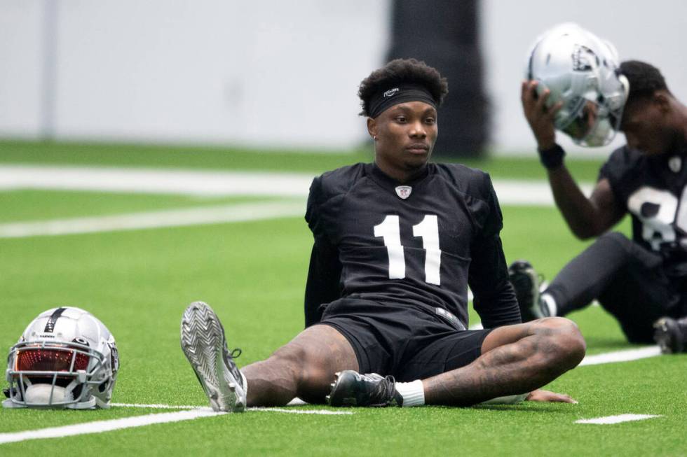 Raiders wide receiver Henry Ruggs III (11) stretches during team practice at the Raiders Headqu ...
