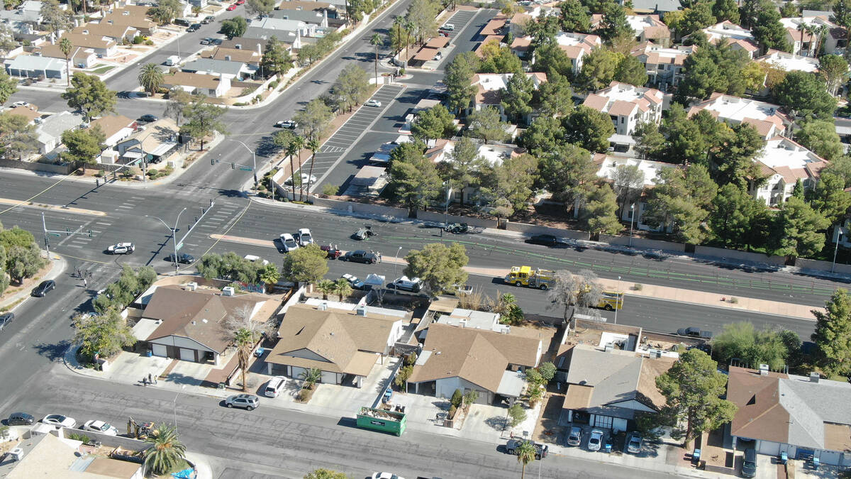 An aerial view Las Vegas Metropolitan Police investigating a fatal crash involving two vehicles ...