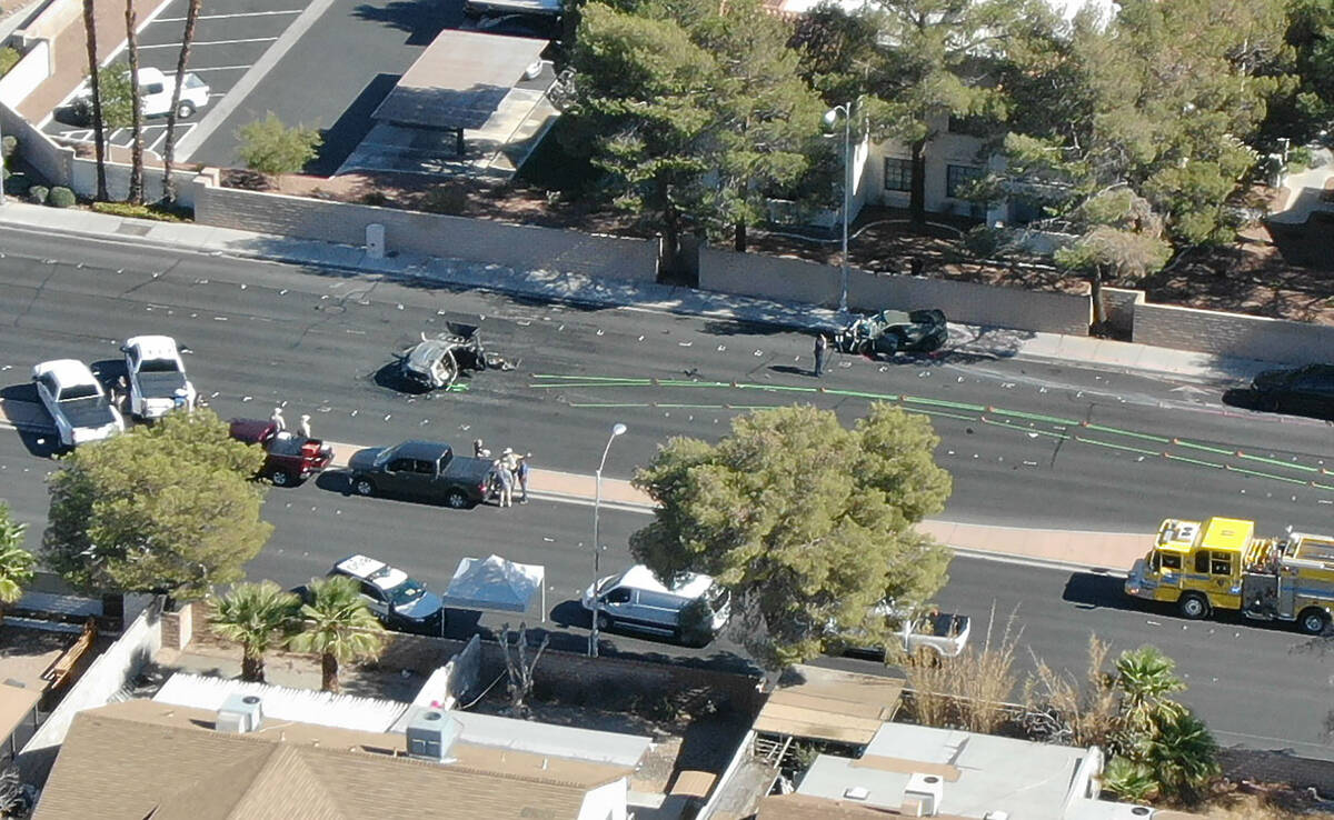 An aerial view of Las Vegas Metropolitan Police investigating a fatal crash involving two vehic ...