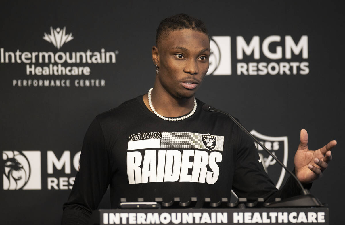 Raiders wide receiver Henry Ruggs (11) speaks to the media after practice on Saturday, Sept. 11 ...