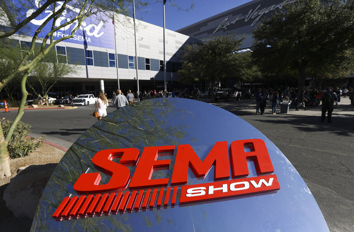 Signage for the Specialty Equipment Market Association, or SEMA, Show is pictured outside of th ...