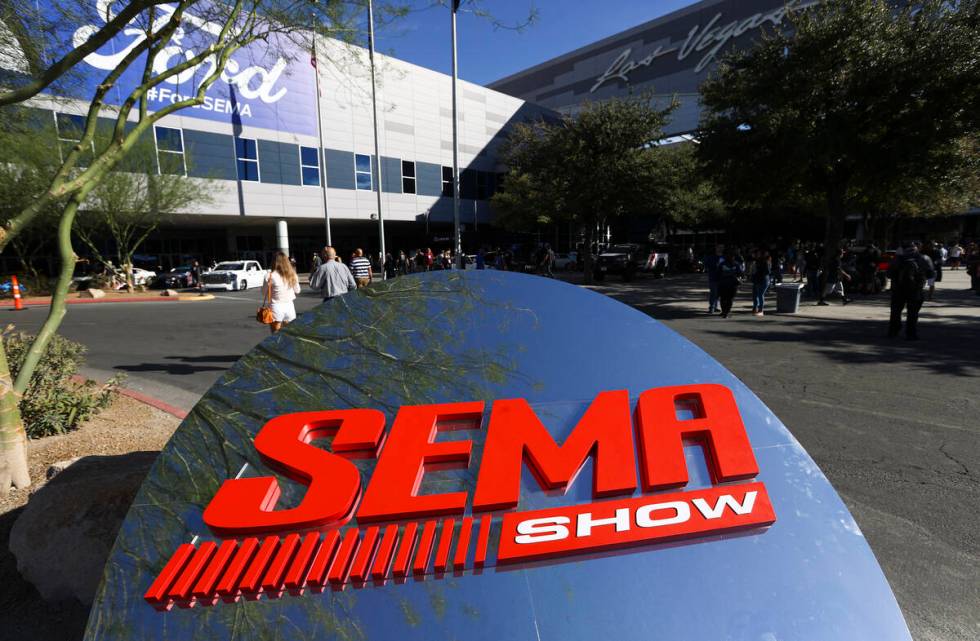 Signage for the Specialty Equipment Market Association, or SEMA, Show is pictured outside of th ...
