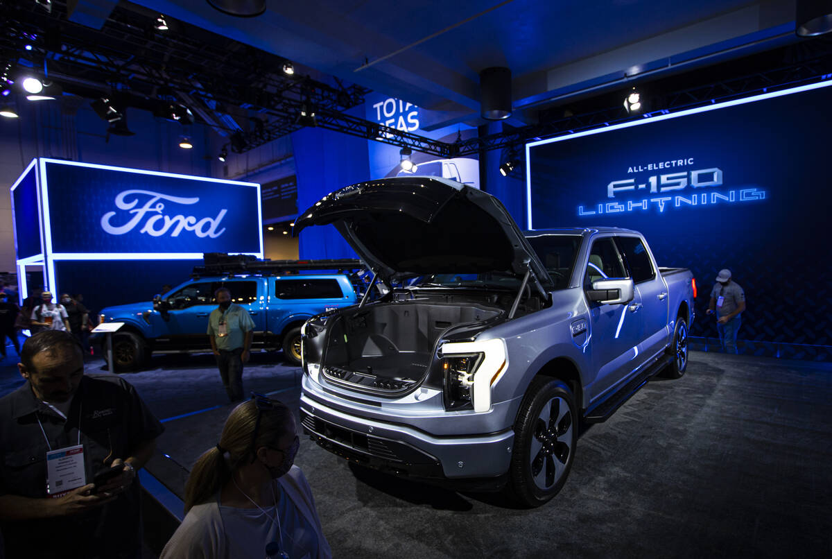 A view of the all-electric 2022 Ford F-150 Lightning during the Specialty Equipment Market Asso ...