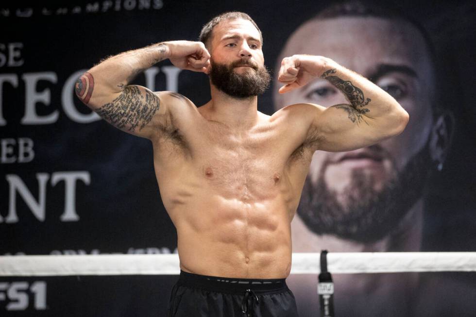 Caleb Plant poses at the end of a workout at the City Boxing Club in Las Vegas, Wednesday, Oct. ...