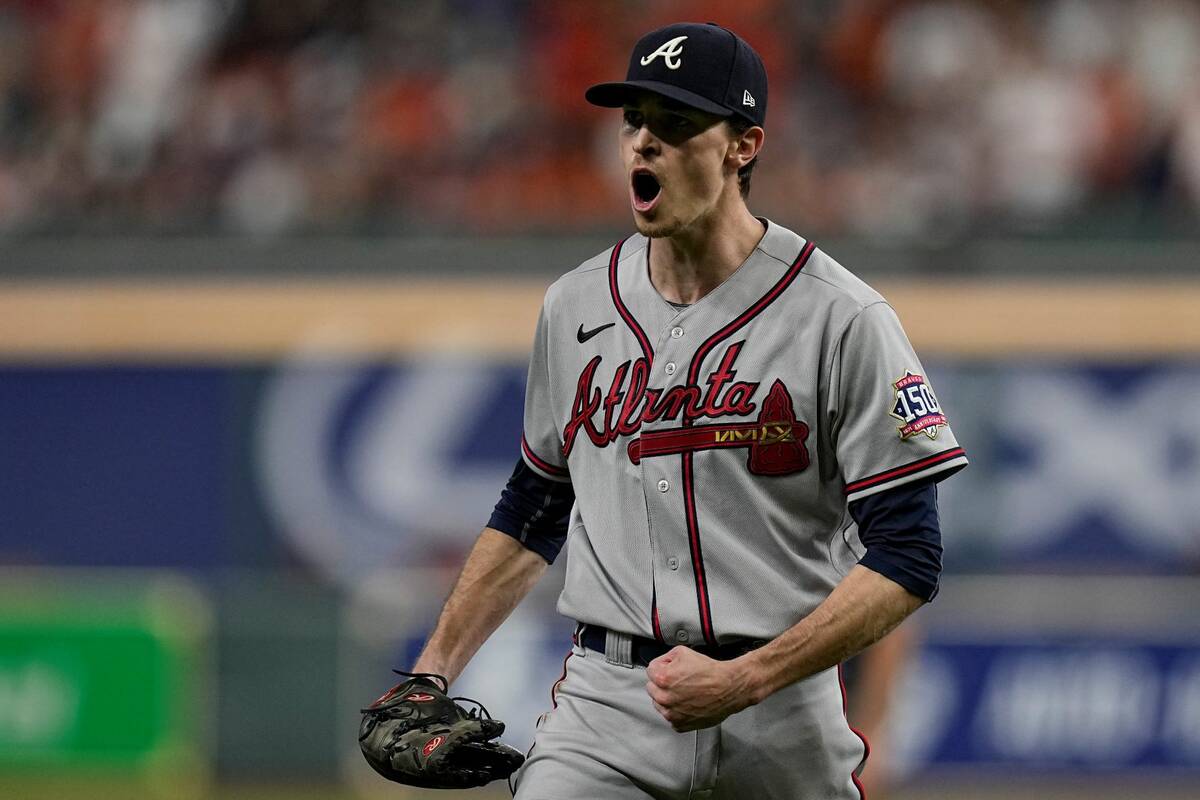Atlanta Braves starting pitcher Max Fried celebrates the last out in the first inning in Game 6 ...