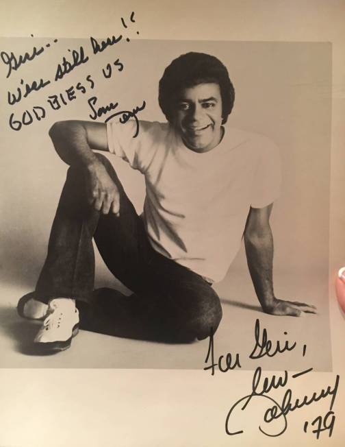 The promotional photo signed by music legend Johnny Mathis for violinist Geri Thompson, 40 year ...