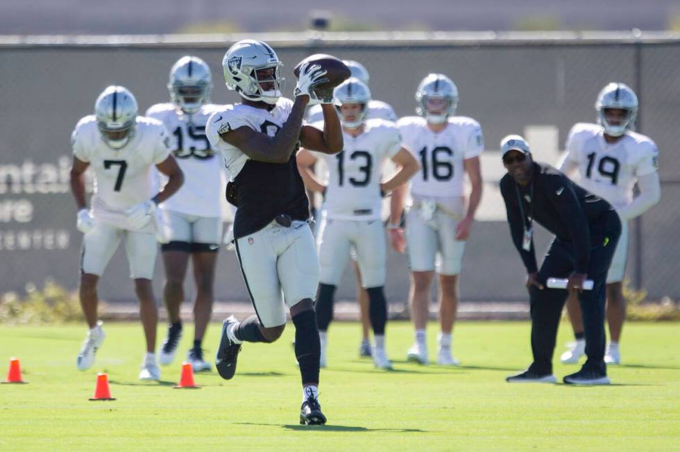 Raiders wide receiver Bryan Edwards (89) makes a catch during a practice session at the Raiders ...