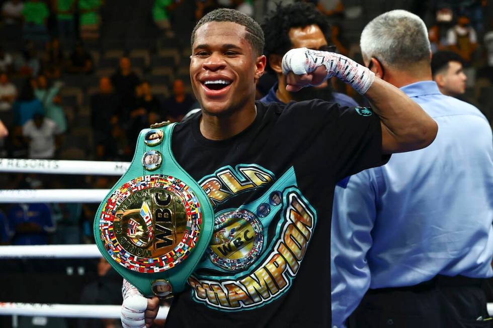 Devin Haney celebrates after defeating Jorge Linares by unanimous decision in the WBC lightweig ...