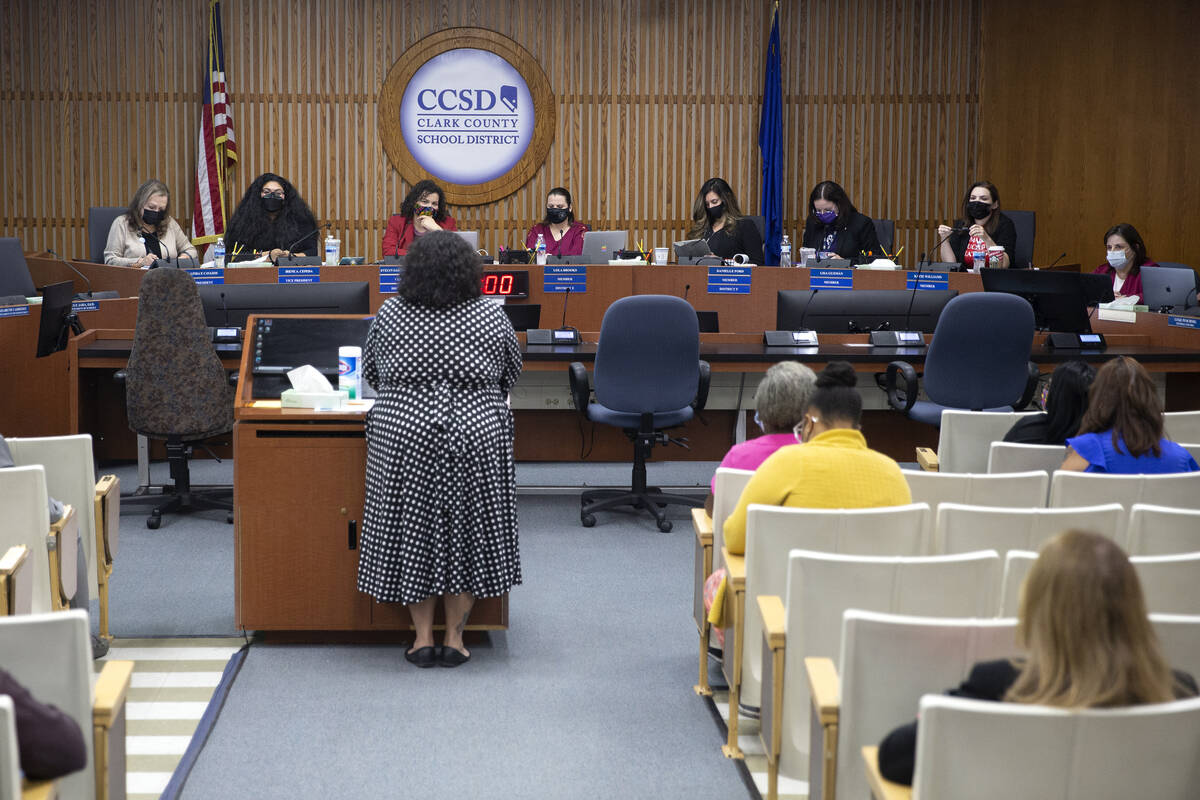 The CCSD Board of Trustees hears public comment from teacher Karlana Kulseth during a Clark Cou ...