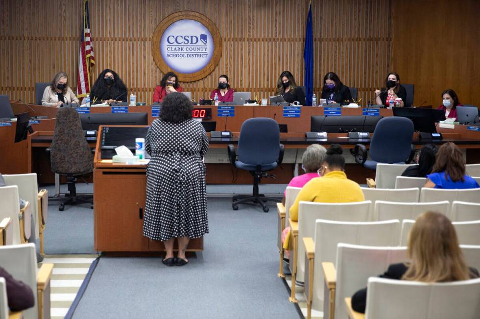 The CCSD Board of Trustees hears public comment from teacher Karlana Kulseth during a Clark Cou ...