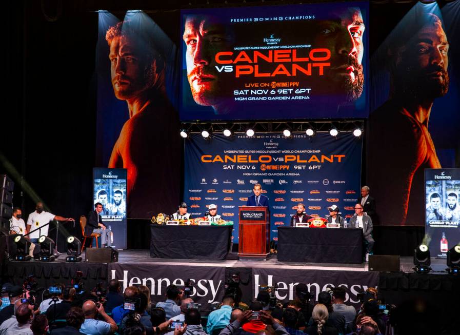 Showtime Sports president Stephen Espinoza speaks during the final press conference for Canelo ...