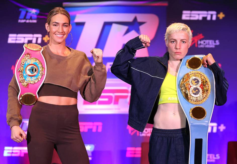 Mikaela Mayer (L) and Maiva Hamadouche (R) pose during the press conference prior to their WBO ...