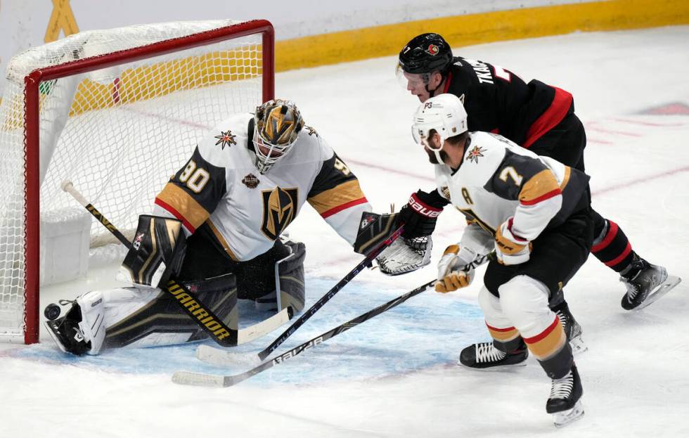 Vegas Golden Knights goaltender Robin Lehner makes a save on Ottawa Senators left wing Brady Tk ...