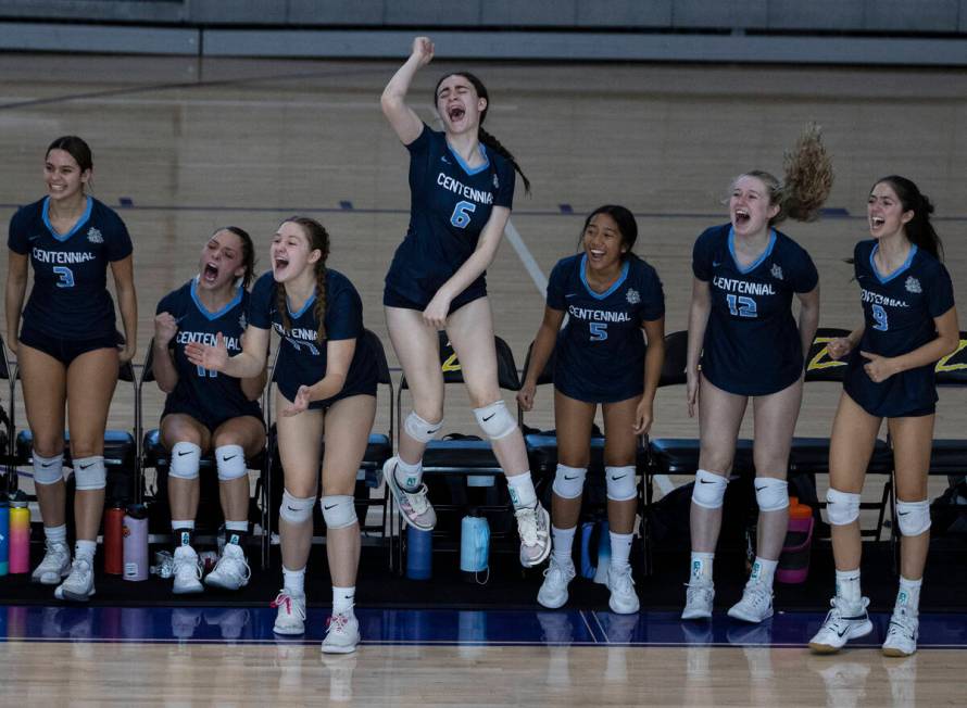 Centennial's players react during the class 4A state volleyball championship match against Bis ...