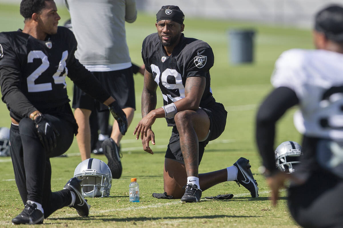 Raiders cornerback Casey Hayward (29) stretches during a practice session at the Raiders Headqu ...