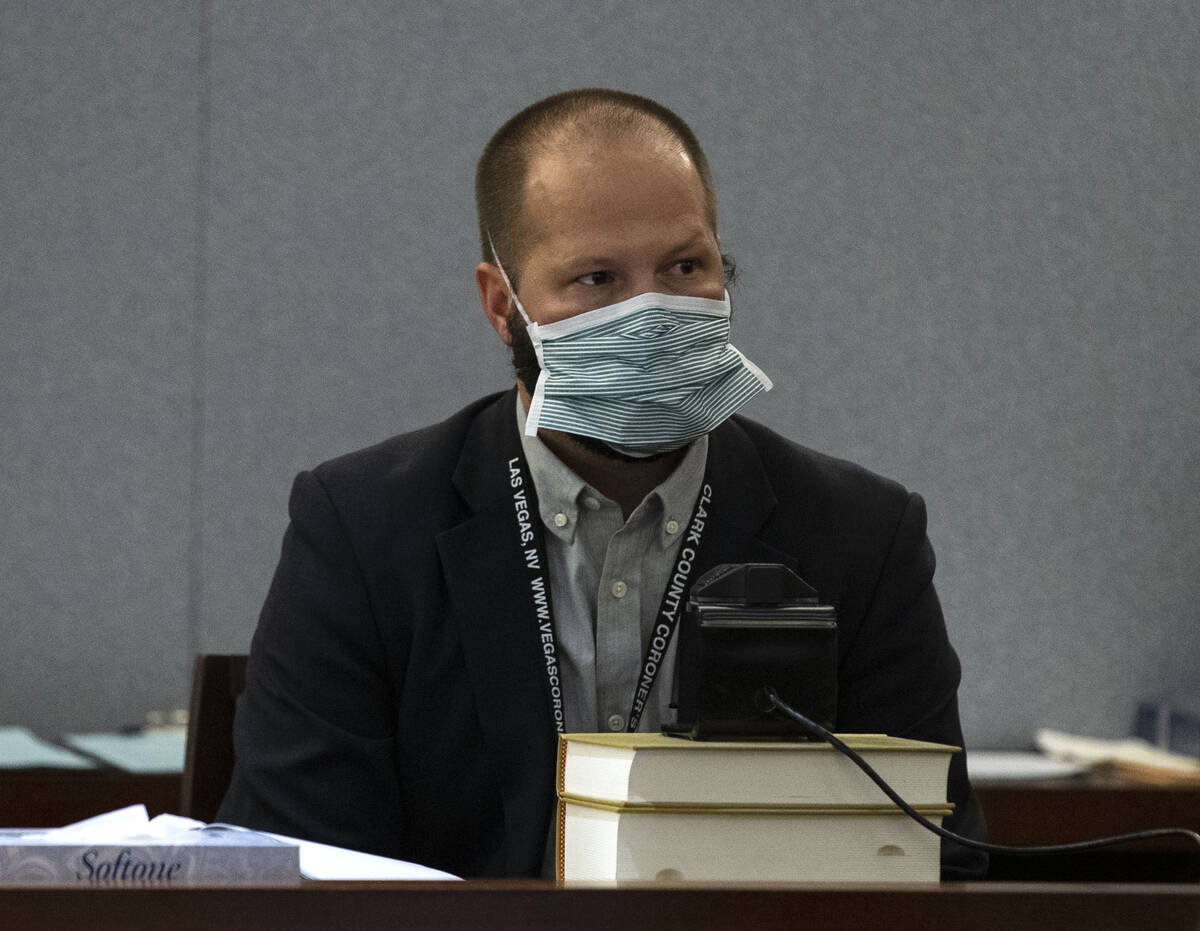 Dr. Ben Murie, Clark County coroner’s office medical examiner, takes the witness stand d ...