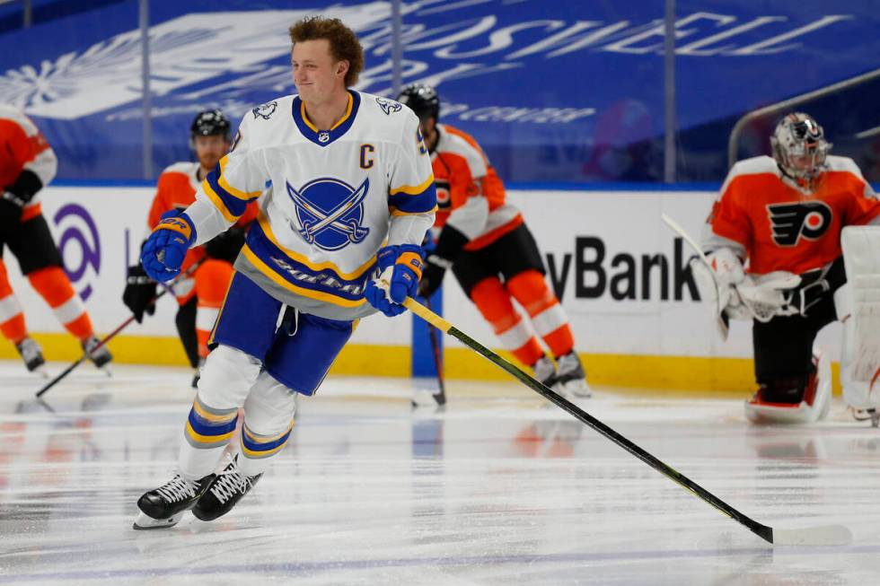 Buffalo Sabres forward Jack Eichel (9) skates during warmups prior to the first period of an NH ...