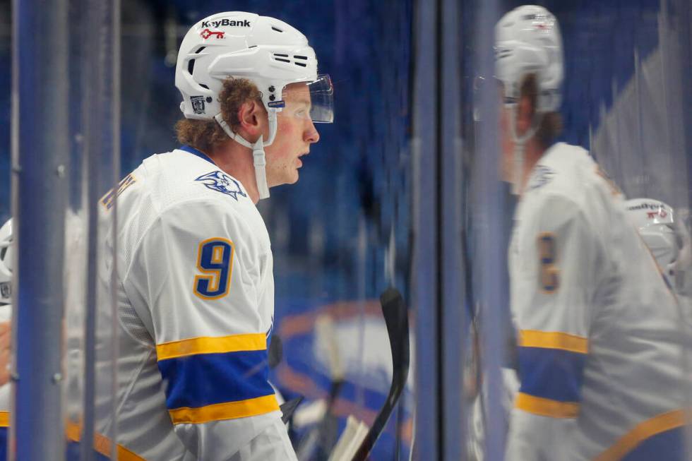 Buffalo Sabres forward Jack Eichel (9) during the second period of an NHL hockey game against t ...