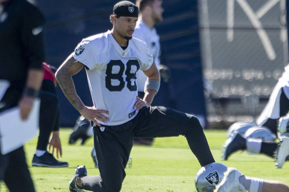 Raiders wide receiver Marcell Ateman (88) stretches during a practice session at the Raiders He ...