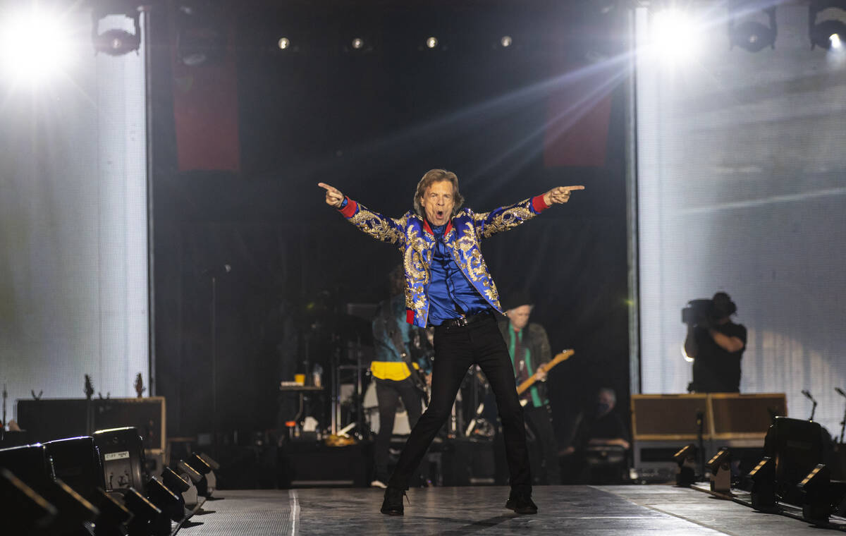 Mick Jagger of The Rolling Stones performs at Allegiant Stadium in Las Vegas on Saturday, Nov. ...