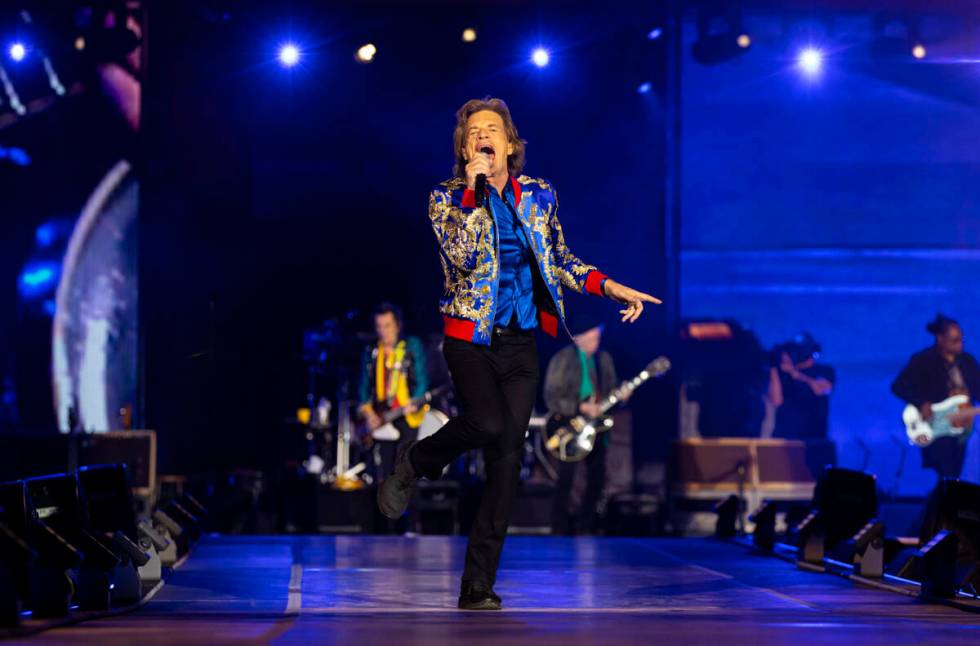 Mick Jagger of The Rolling Stones performs at Allegiant Stadium in Las Vegas on Saturday, Nov. ...