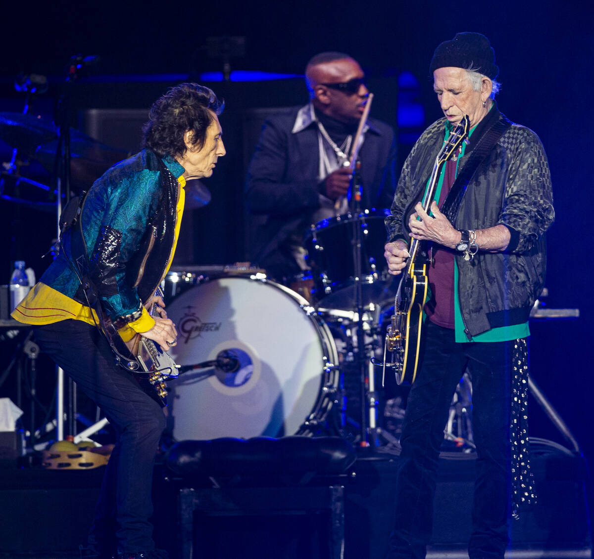 Ronnie Wood, left, and Keith Richards of The Rolling Stones perform at Allegiant Stadium in Las ...