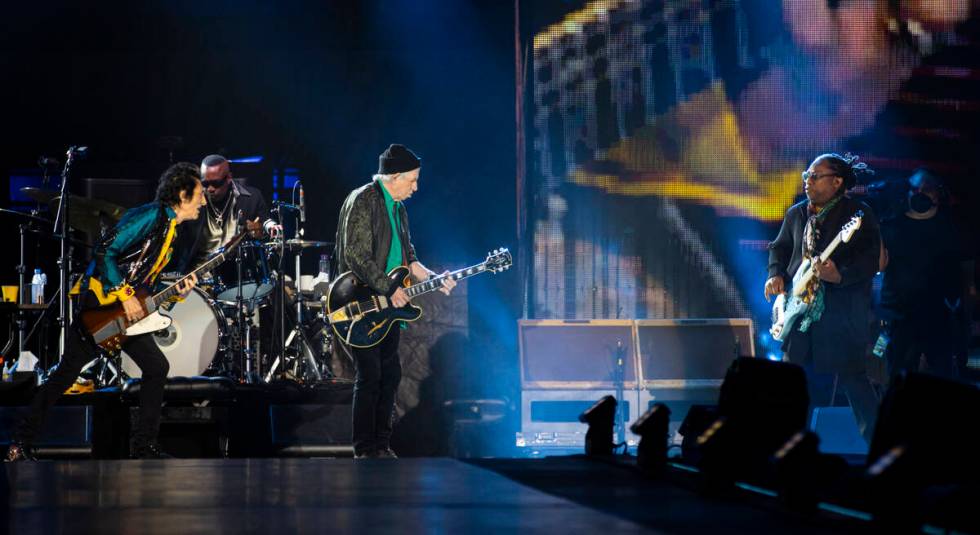 The Rolling Stones perform at Allegiant Stadium in Las Vegas on Saturday, Nov. 6, 2021. (Chase ...