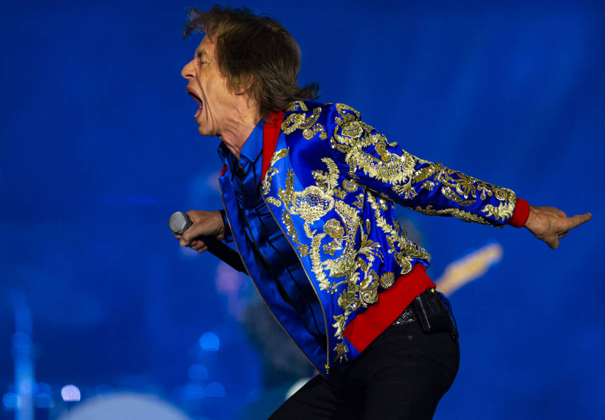 Mick Jagger of The Rolling Stones performs at Allegiant Stadium in Las Vegas on Saturday, Nov. ...