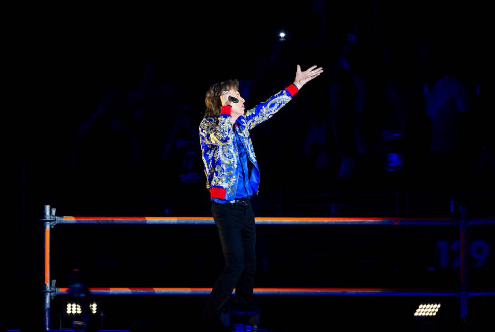 Mick Jagger of The Rolling Stones performs at Allegiant Stadium in Las Vegas on Saturday, Nov. ...