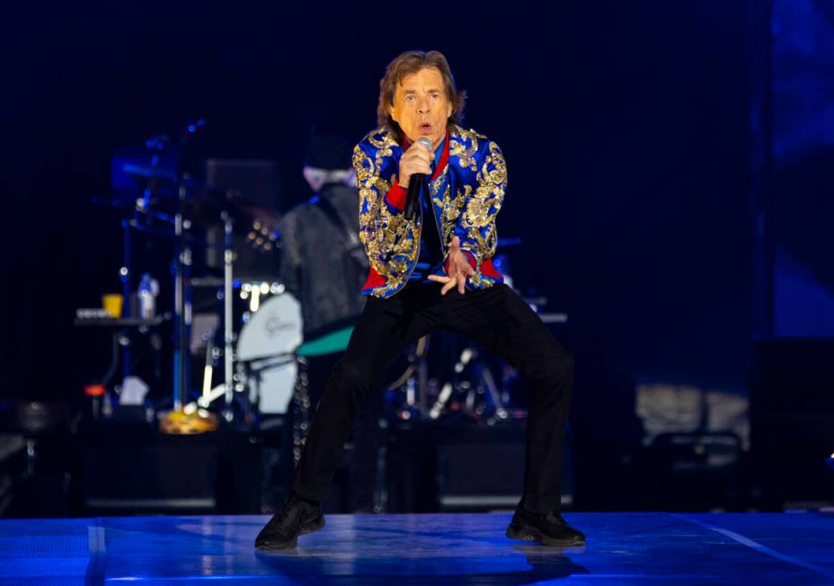 Mick Jagger of The Rolling Stones performs at Allegiant Stadium in Las Vegas on Saturday, Nov. ...