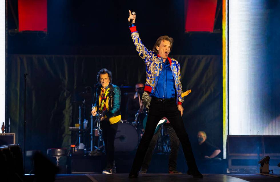 Mick Jagger of The Rolling Stones performs at Allegiant Stadium in Las Vegas on Saturday, Nov. ...