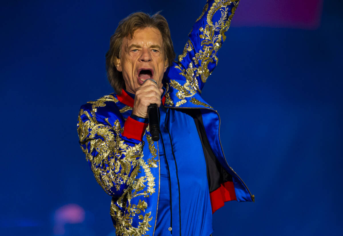 Mick Jagger of The Rolling Stones performs at Allegiant Stadium in Las Vegas on Saturday, Nov. ...