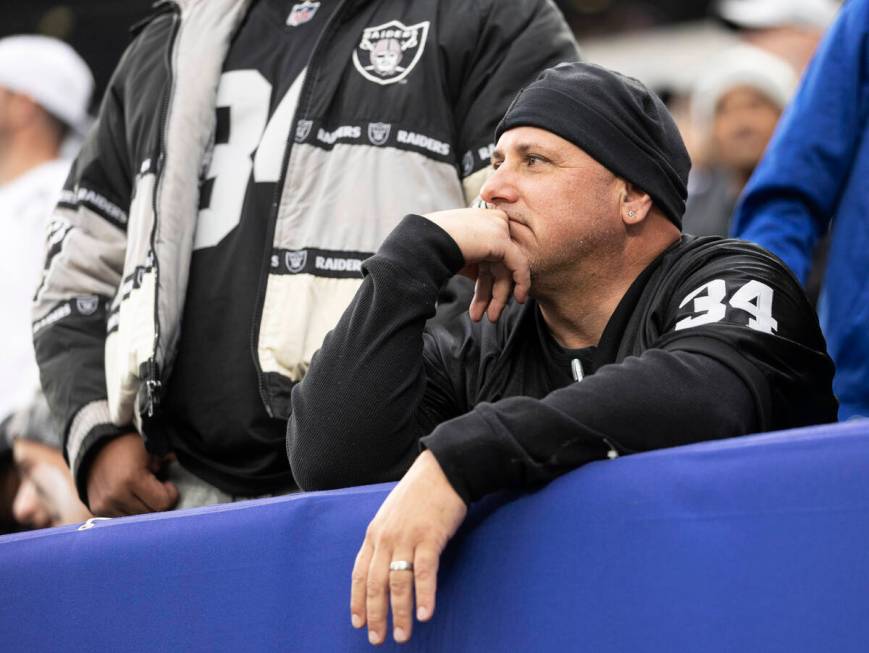 Raiders fans during an NFL football game against the New York Giants on Sunday, Nov. 7, 2021, a ...