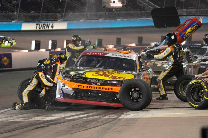 Noah Gragson makes a pit stop during the NASCAR Xfinity Series auto race Saturday, Nov. 6, 2021 ...