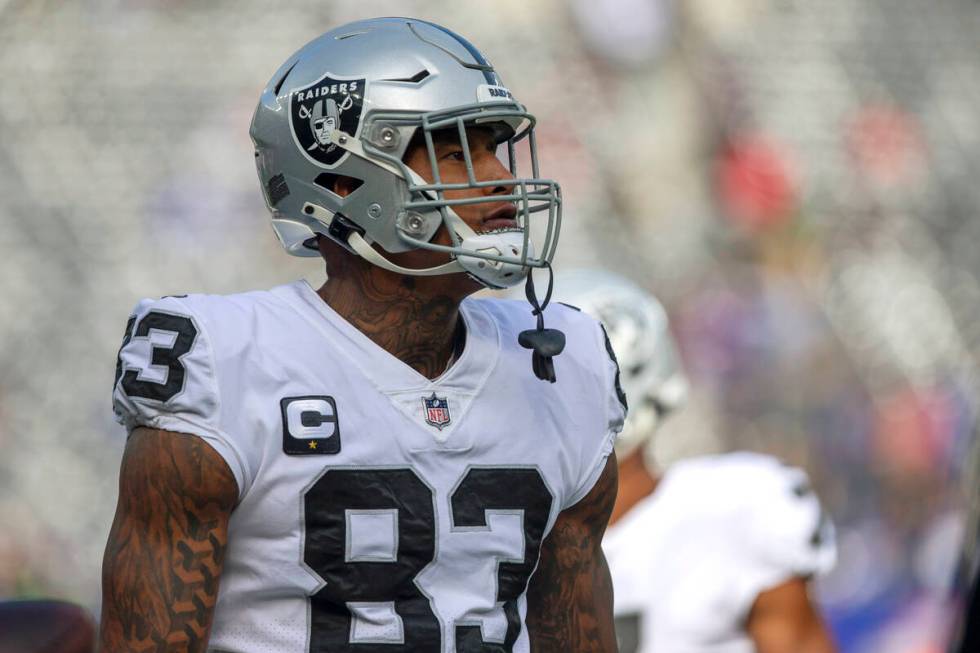 Las Vegas Raiders tight end Darren Waller (83) walks on the field during the first quarter of a ...