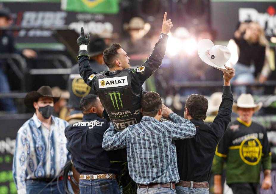 Jose Vitor Leme celebrates after becoming the back-to-back PBR World Champion during the Profes ...