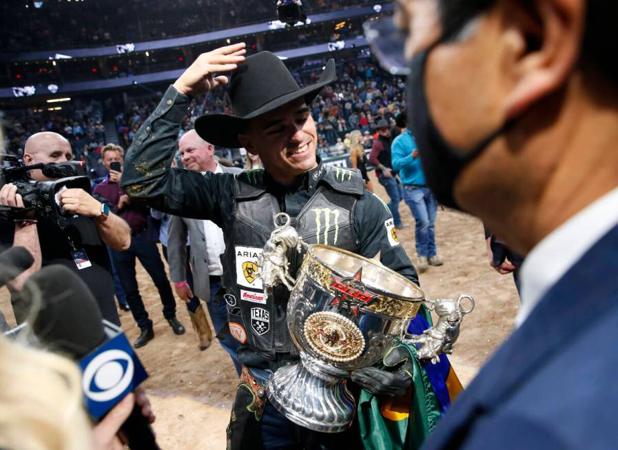 Jose Vitor Leme celebrates after becoming the back-to-back PBR World Champion during the Profes ...