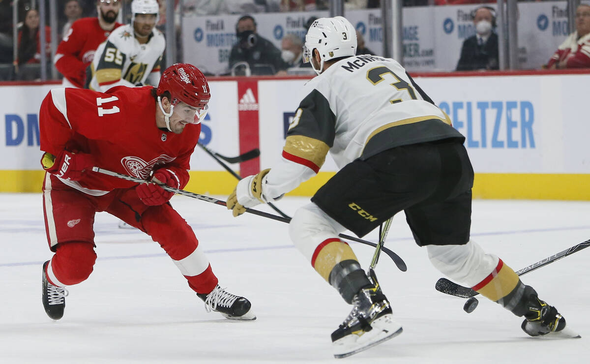 Detroit Red Wings right wing Filip Zadina (11) drives toward the goal against Vegas Golden Knig ...