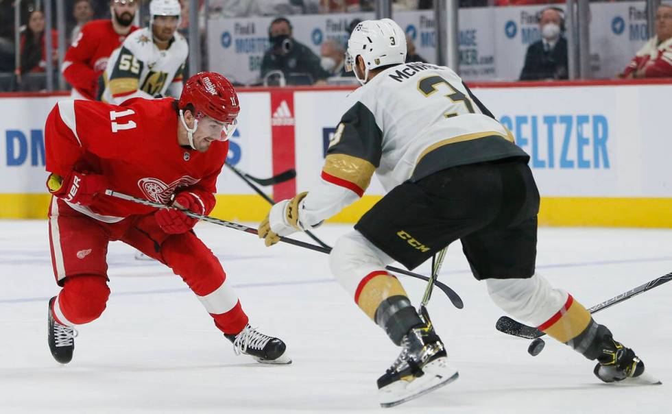 Detroit Red Wings right wing Filip Zadina (11) drives toward the goal against Vegas Golden Knig ...