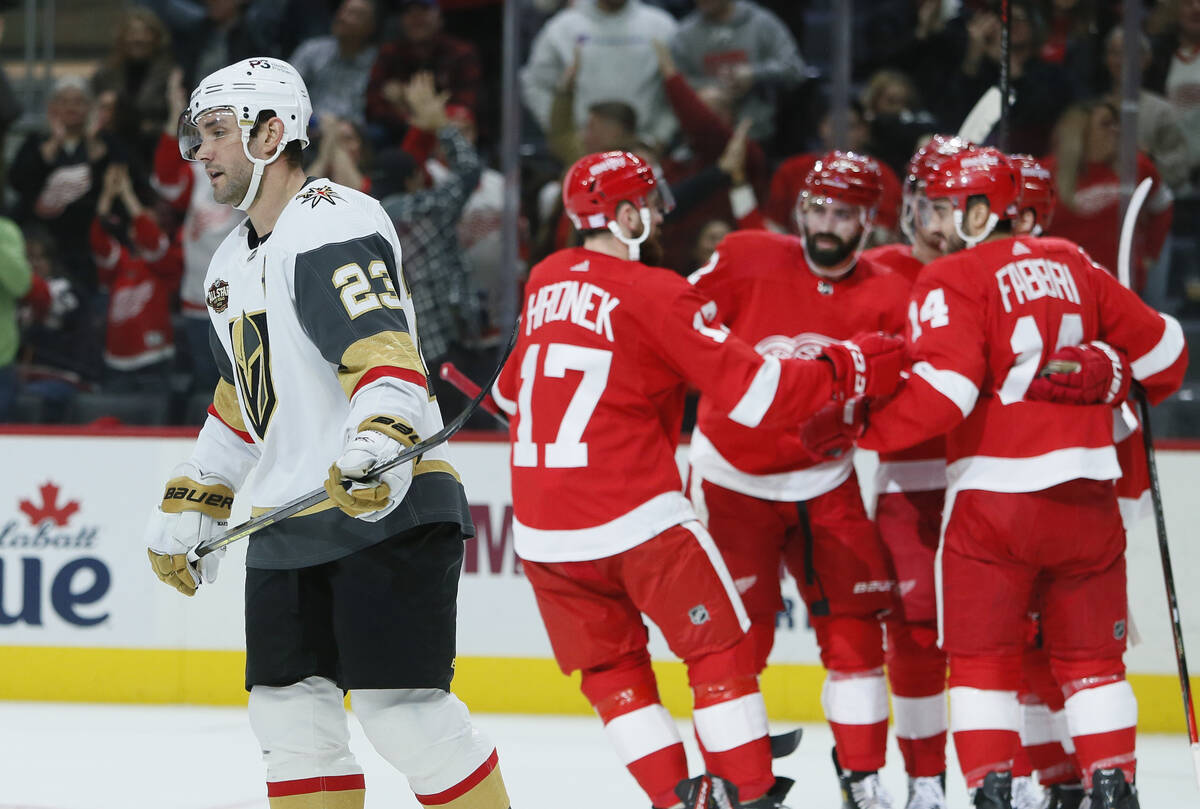 Vegas Golden Knights defenseman Alec Martinez (23) skates away after the Detroit Red Wings' thi ...